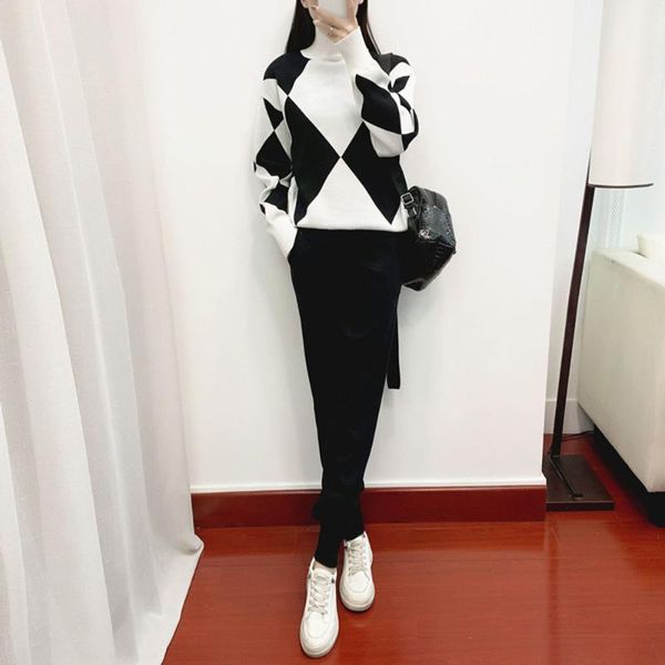 women's two piece pants women casual knitted sweater tracksuit turtleneck diamond plaid olid color little feet pant thick fleece warm s, White
women's two piece pants women casual knitted sweater tracksuit turtleneck diamond plaid olid color little feet pant thick fleece warm s, White