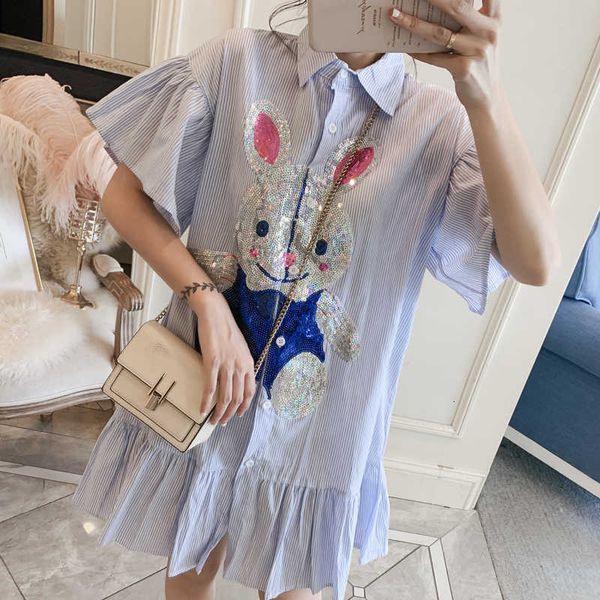 women's t-shirt plus size summer women kawaii maiden wind cartoon rabbit sequined flare sleeve ruffle bottom blue striped shirt es, White
women's t-shirt plus size summer women kawaii maiden wind cartoon rabbit sequined flare sleeve ruffle bottom blue striped shirt es, White