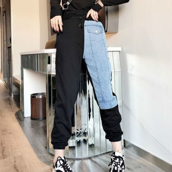 women's pants & capris denim stitching sweatpants spring irregular ankle banded casual sports trousers harem dgme, Black;white
women's pants & capris denim stitching sweatpants spring irregular ankle banded casual sports trousers harem dgme, Black;white