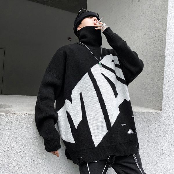 men's sweaters trendy autumn and winter hole high collar sweater fashion casual warm knit 9jcy, White;black
men's sweaters trendy autumn and winter hole high collar sweater fashion casual warm knit 9jcy, White;black