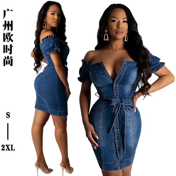 fashion dress pt017 one shoulder single breasted short sleeve denim, White;black 
fashion dress pt017 one shoulder single breasted short sleeve denim, White;black