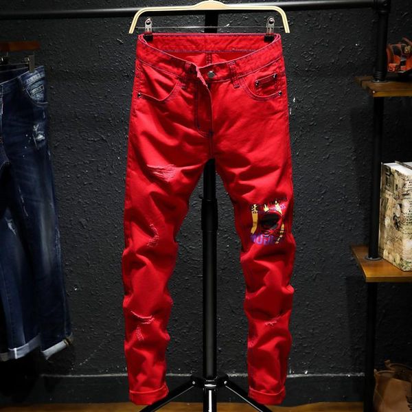men's jeans ripped pants stretch biker moto straight denim distressed trousers, Blue