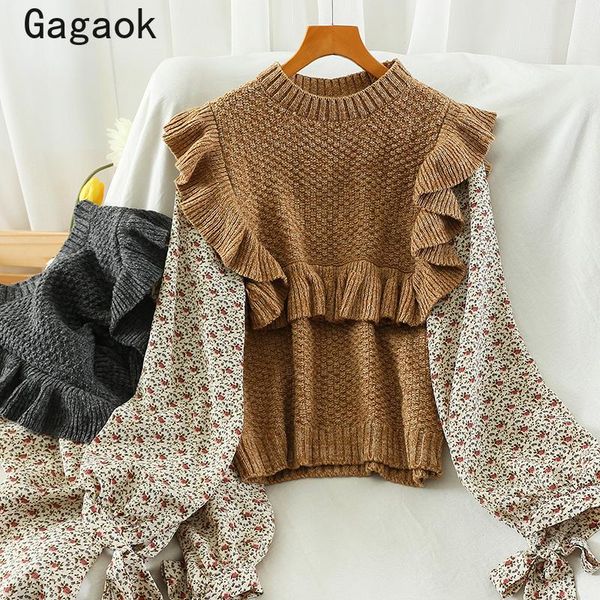 women's sweaters gagaok sweet fake two sweater 2021 spring autumn o-neck print ruffles knit slim korean chic wild fashion pullovers, White;black
women's sweaters gagaok sweet fake two sweater 2021 spring autumn o-neck print ruffles knit slim korean chic wild fashion pullovers, White;black