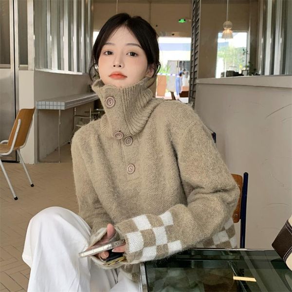 women's sweaters checkerboard turtleneck design feel hong kong style vintage knit, White;black
women's sweaters checkerboard turtleneck design feel hong kong style vintage knit, White;black