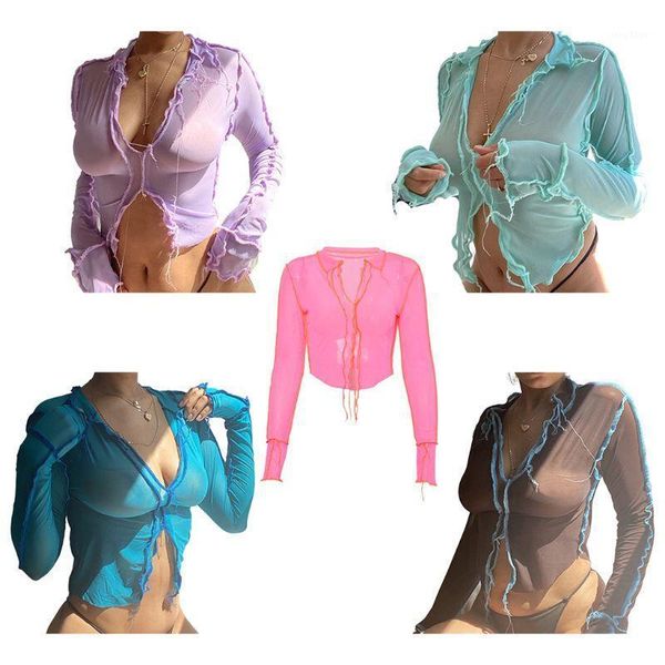 women sheer mesh shirt long sleeve neon striped patchwork bodycon v-neck ruffles tassels party clubwear women's blouses & shirts, White
women sheer mesh shirt long sleeve neon striped patchwork bodycon v-neck ruffles tassels party clubwear women's blouses & shirts, White