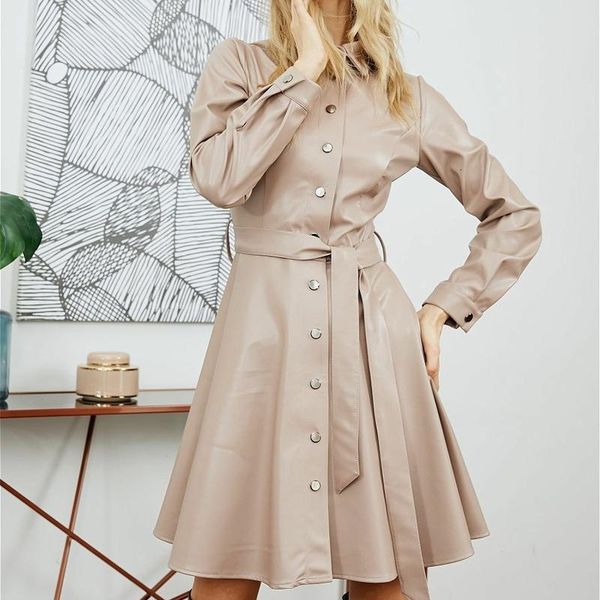 casual fashion belt rivet buttoned down mini dresses women long sleeve solid color pu leather high waist a-line dress, Black;gray
casual fashion belt rivet buttoned down mini dresses women long sleeve solid color pu leather high waist a-line dress, Black;gray