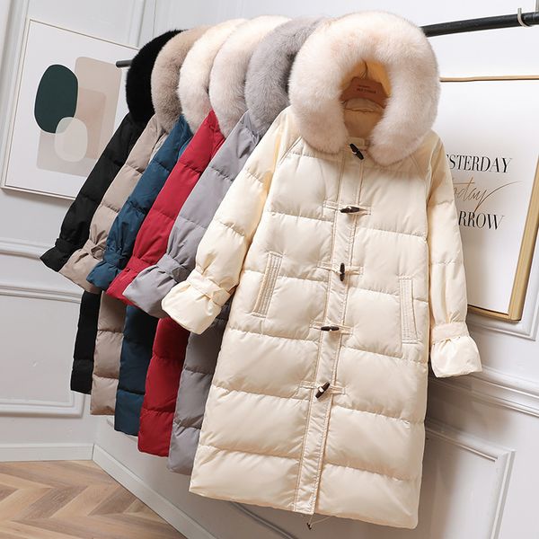 winter medium long thick white duck down jacket women oversize horn button hooded real fur casual coat 210520, Black
winter medium long thick white duck down jacket women oversize horn button hooded real fur casual coat 210520, Black