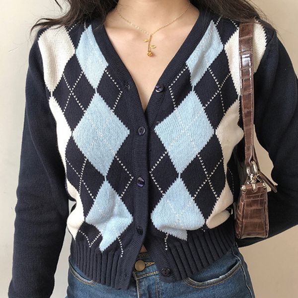 new sweater retro v-neck diamond long-sleeved short knitted cardigan women's jacket wgmy37002, White;black
new sweater retro v-neck diamond long-sleeved short knitted cardigan women's jacket wgmy37002, White;black