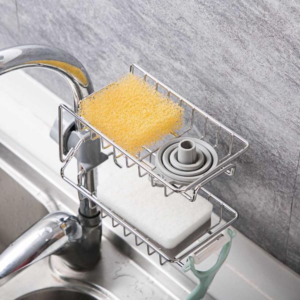 stainless steel double layer faucet rack with hook sink draining kitchen punching pool storage organizer & organization 
stainless steel double layer faucet rack with hook sink draining kitchen punching pool storage organizer & organization