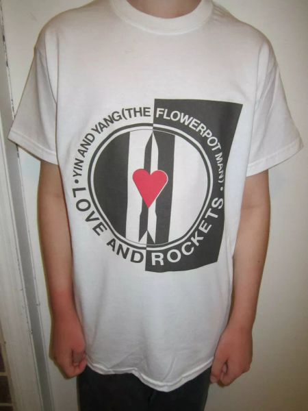love and rockets t-shirt yin and yang flower pot man punk rock band, White;black 
love and rockets t-shirt yin and yang flower pot man punk rock band, White;black