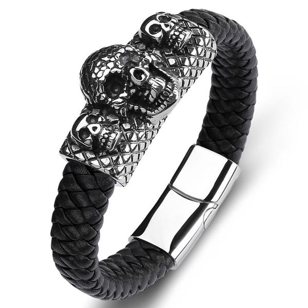 charm bracelets retro punk jewelry braided leather bracelet for men three skulls bangles stainless steel magnet clasp male trendy wristband, Golden;silver
charm bracelets retro punk jewelry braided leather bracelet for men three skulls bangles stainless steel magnet clasp male trendy wristband, Golden;silver