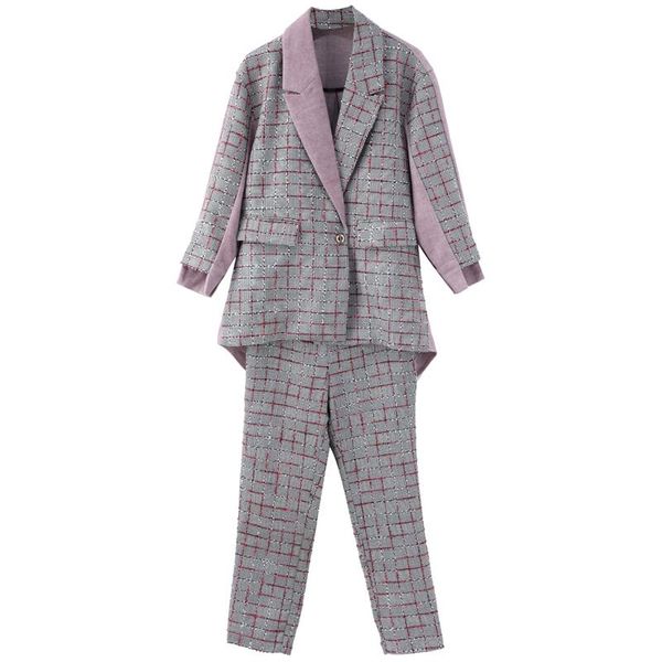 women's two piece pants suits plaid stitching women temperament single button suit jacket casual pencil two-piece set woman, White
women's two piece pants suits plaid stitching women temperament single button suit jacket casual pencil two-piece set woman, White
