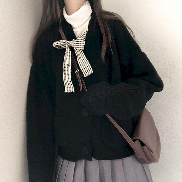 women's sweaters japanese college student kawaii sweater coat winter women vintage black korean fashion v neck cardigan school clothes, White;black
women's sweaters japanese college student kawaii sweater coat winter women vintage black korean fashion v neck cardigan school clothes, White;black