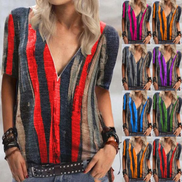 2021 women's tie dye stripe printed short sleeve t-shirt v-neck zipper top, Black;gray
2021 women's tie dye stripe printed short sleeve t-shirt v-neck zipper top, Black;gray