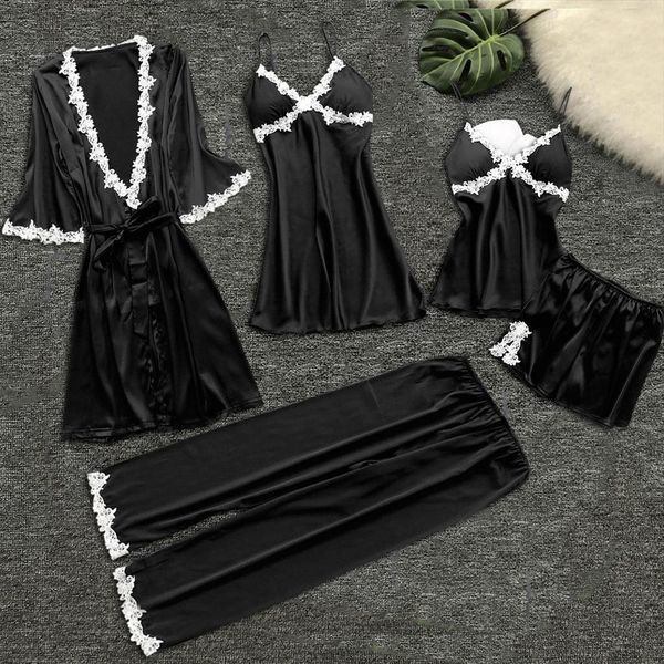 5 piece pajamas set women sleepwear lace stain faux silk dressing gown summer robe with chest pads, Black;red
5 piece pajamas set women sleepwear lace stain faux silk dressing gown summer robe with chest pads, Black;red