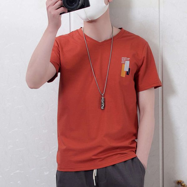 red v-neck t-shirt young men's slim casual solid color summer birthday letter print short sleeve, White;black
red v-neck t-shirt young men's slim casual solid color summer birthday letter print short sleeve, White;black