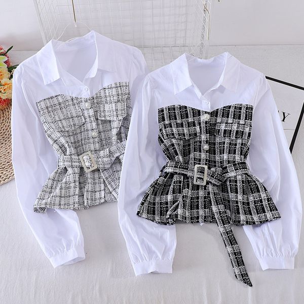 women new plaid shirt female autumn korean loose long-sleeved stitching fake two-piece blouse turn-down collar female gx1145, White
women new plaid shirt female autumn korean loose long-sleeved stitching fake two-piece blouse turn-down collar female gx1145, White