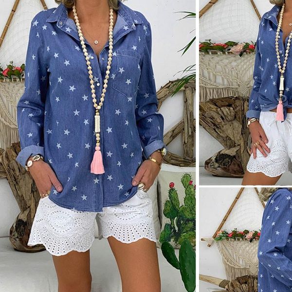 vintage casual turndown neck womens blouses long sleeve denim printed clothes tees, White
vintage casual turndown neck womens blouses long sleeve denim printed clothes tees, White