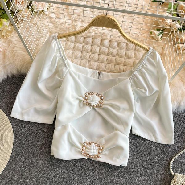 women's blouses & shirts summer women solid color square collar blouse beading pearl buttons bow high waist puff short sleeve zipper sh, White
women's blouses & shirts summer women solid color square collar blouse beading pearl buttons bow high waist puff short sleeve zipper sh, White