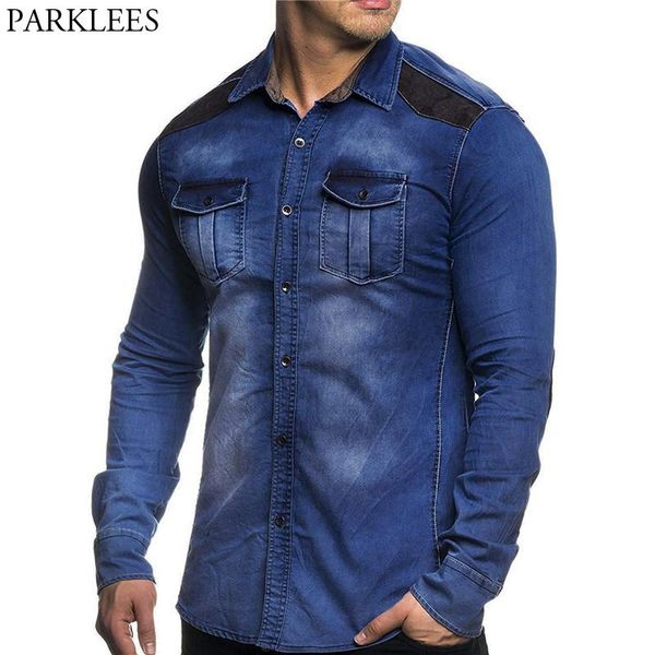 men's casual shirts suede patchwork mens jeans shirt denim men double flip pockets streetwear chemise homme slim fit camisa, White;black
men's casual shirts suede patchwork mens jeans shirt denim men double flip pockets streetwear chemise homme slim fit camisa, White;black