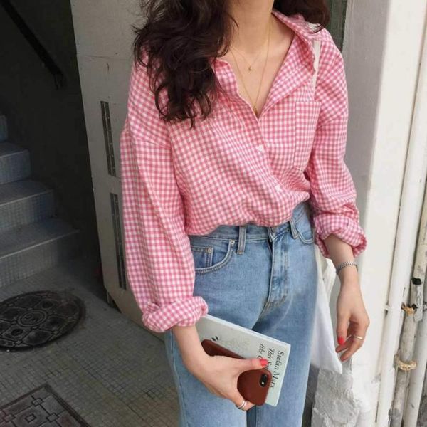 women spring summer blouse shirts plaid fashionable single breasted casual loose wild sweet pink women's blouses &, White
women spring summer blouse shirts plaid fashionable single breasted casual loose wild sweet pink women's blouses &, White