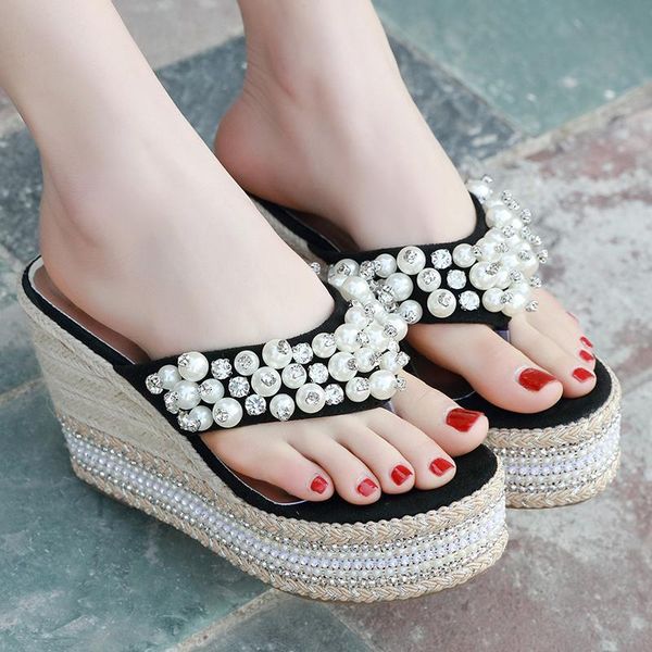 slippers fashion trend flip-flops summer exquisite rhinestone beaded large size women's shoes slope high heel platform sandals, Black
slippers fashion trend flip-flops summer exquisite rhinestone beaded large size women's shoes slope high heel platform sandals, Black