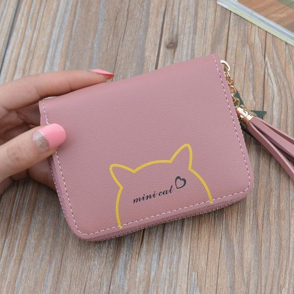 compact mini coin purse short zipper tassel student wallet, White