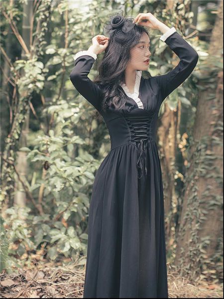 womens dresses autumn winter arrival french princess style v collar collect waist woman long dress black, Black;gray 
womens dresses autumn winter arrival french princess style v collar collect waist woman long dress black, Black;gray