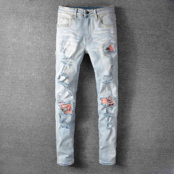 men's jeans fashion streetwear men jeans light blue slim fit ripped jeans elastic patches designer hip hop pants pun
men's jeans fashion streetwear men jeans light blue slim fit ripped jeans elastic patches designer hip hop pants pun