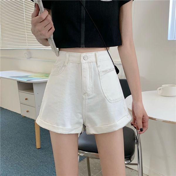 women's new korean high waist white wide leg denim shorts in summer 2020, White;black
women's new korean high waist white wide leg denim shorts in summer 2020, White;black