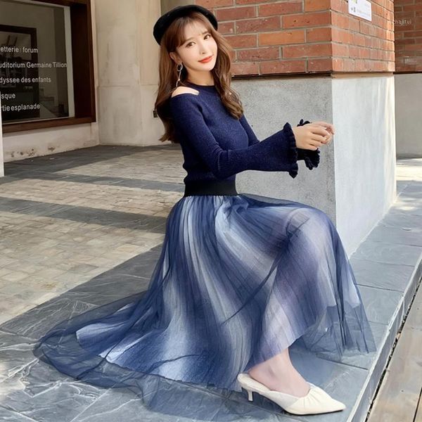 two piece dress autumn winter women flare sleeve cold shoulder knit sweater pullovers +elastic waist pleated mesh skirt suit set, White
two piece dress autumn winter women flare sleeve cold shoulder knit sweater pullovers +elastic waist pleated mesh skirt suit set, White