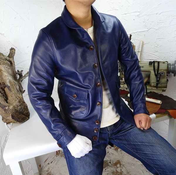 men's leather & faux japanese blue fetal dyed cowhide tanned 1920 genuine neck jacket high quality, Black
men's leather & faux japanese blue fetal dyed cowhide tanned 1920 genuine neck jacket high quality, Black