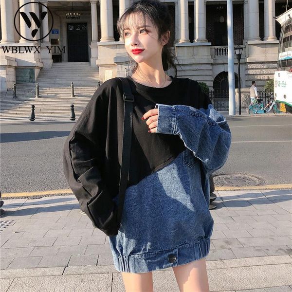 women's hoodies & sweatshirts spring sweatshirt women fashion denim splice long sleeve pullover o-neck loose female korean casual, Black
women's hoodies & sweatshirts spring sweatshirt women fashion denim splice long sleeve pullover o-neck loose female korean casual, Black