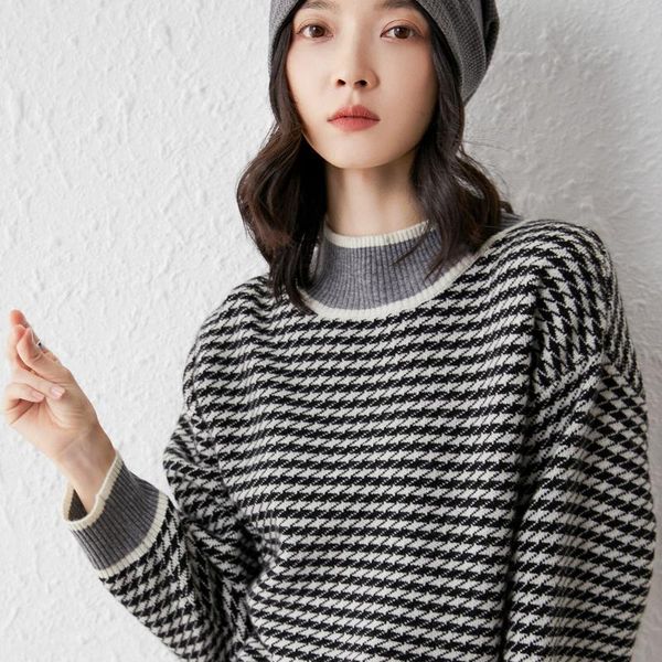 women's sweaters 2021 autumn winter women plus size half high neck cashmere sweater loose thick pure wool knitted wild striped base shi, White;black
women's sweaters 2021 autumn winter women plus size half high neck cashmere sweater loose thick pure wool knitted wild striped base shi, White;black