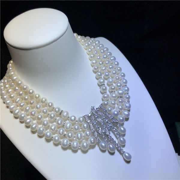 hand knotted 4strands 7-8mm white freshwater pearl micro inlay zircon accessories necklace fashion jewelry, Silver
hand knotted 4strands 7-8mm white freshwater pearl micro inlay zircon accessories necklace fashion jewelry, Silver