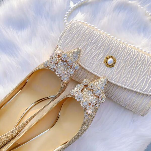 women princess wedding dress bride shoes diamonds crystal stiletto heel champagne shallow mouth slip-on pointed toe luxury bridesmaid shoes, Black