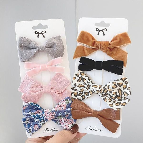 hair accessories 4pcs korean children simple cute flower hairpins fashion sweet girl princess fabric printed bow clips, Slivery;white