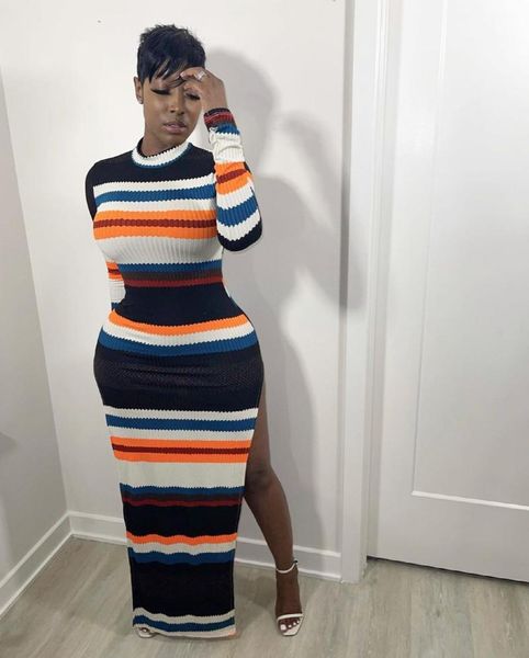 casual dresses autumn colorful striped knit rib long dress for women sleeve high slit slim club wear party maxi robe lounge, Black;gray
casual dresses autumn colorful striped knit rib long dress for women sleeve high slit slim club wear party maxi robe lounge, Black;gray