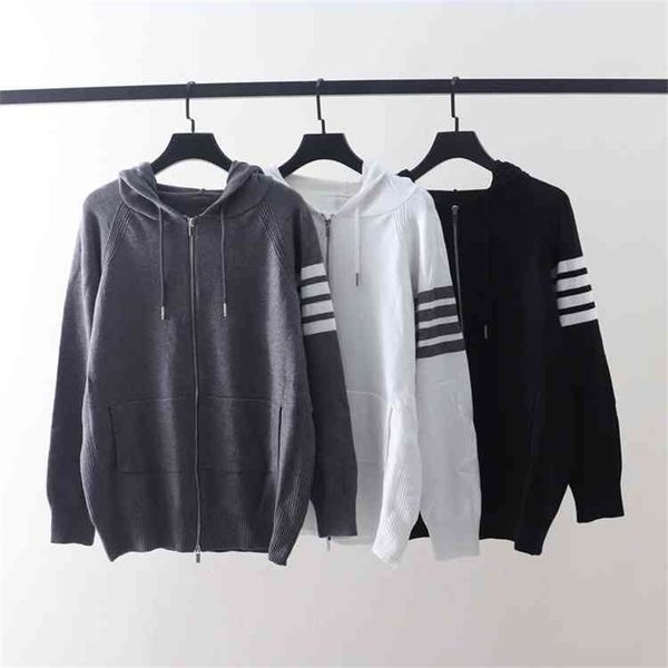 autumn winter new tb stripe four bar hooded zipper knitted cardigan loose age reducing casual sweater jacket, White
autumn winter new tb stripe four bar hooded zipper knitted cardigan loose age reducing casual sweater jacket, White
