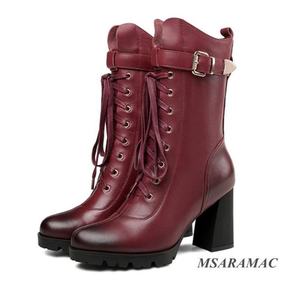 boots burgundy round toe leather women's shoes lace up high heel with metal buckle winter ankle, Black
boots burgundy round toe leather women's shoes lace up high heel with metal buckle winter ankle, Black