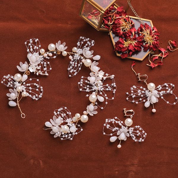 pearl headband hairpin bridal headdress simple pearl wedding hair accessories, Golden;white