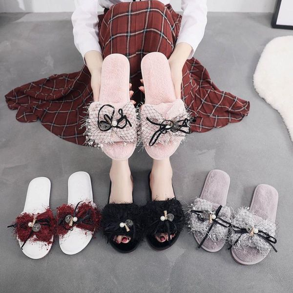 slippers women home slip-on furry flat plush bow open toe keep warm indoor bedroom non-slip soft shoes, Black
slippers women home slip-on furry flat plush bow open toe keep warm indoor bedroom non-slip soft shoes, Black