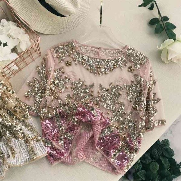 runway lady fashion embroidery beaded blingbling short sleeved shirt women round neck sequin perspective elegant 210527, White
runway lady fashion embroidery beaded blingbling short sleeved shirt women round neck sequin perspective elegant 210527, White