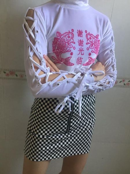 women's t-shirt lace up hollow turtleneck korean fish thank you chinese letter print thin velvet crop slim short t shirt high streetwea, White
women's t-shirt lace up hollow turtleneck korean fish thank you chinese letter print thin velvet crop slim short t shirt high streetwea, White