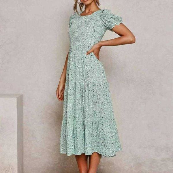 o-neck puff sleeve women midi dress elastic waist floral printed dresses elegant long skirt for women summer dresses 210712, Black;gray
o-neck puff sleeve women midi dress elastic waist floral printed dresses elegant long skirt for women summer dresses 210712, Black;gray