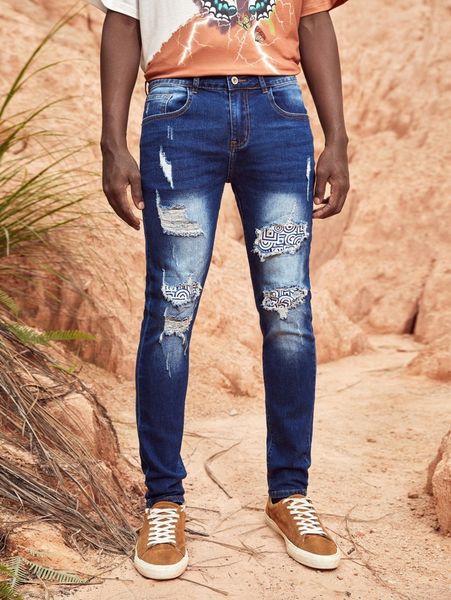 men ripped geo print skinny jeans y4zj#, Blue