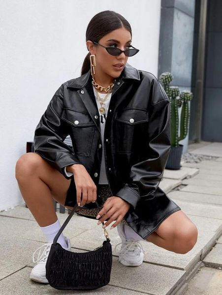 women's leather & faux autumn winter loose casual long sleeve single breasted moto jacket women donsignet, Black
women's leather & faux autumn winter loose casual long sleeve single breasted moto jacket women donsignet, Black