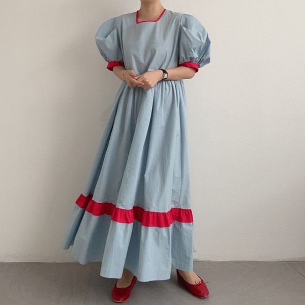 women blue ruffles patchwork long dress square collar short lantern sleeve fashion spring summer 2f0446 210510, Black;gray
women blue ruffles patchwork long dress square collar short lantern sleeve fashion spring summer 2f0446 210510, Black;gray