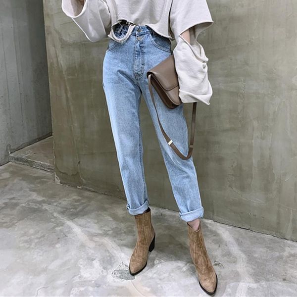 women's jeans vintage high waist straight pant for women streetwear loose female denim buttons zipper ladies trouser, Blue 
women's jeans vintage high waist straight pant for women streetwear loose female denim buttons zipper ladies trouser, Blue
