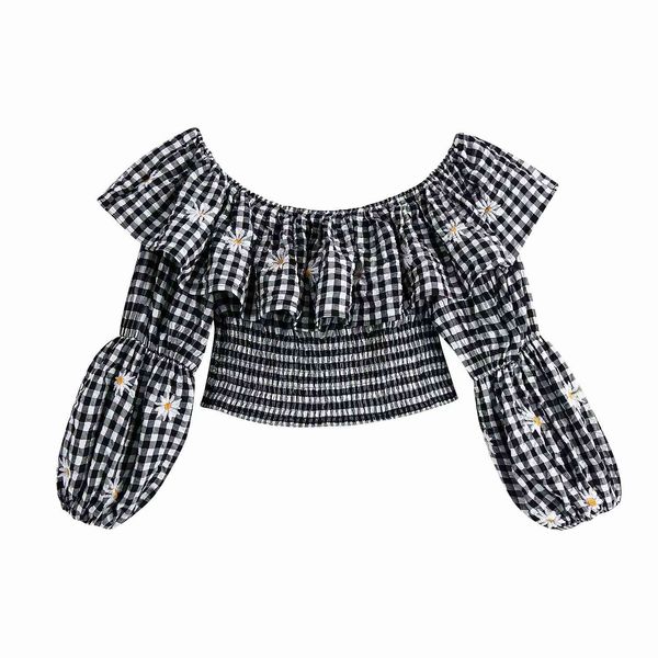 polo 2021 women checked shirt flower embroidery sleeves ruffled neckline chic lady vintage casual woman crop, White
polo 2021 women checked shirt flower embroidery sleeves ruffled neckline chic lady vintage casual woman crop, White